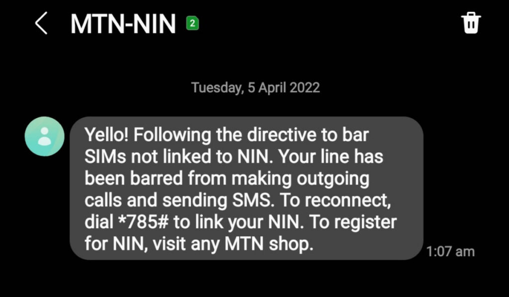 MTN-NIN message to blocked subscribers 