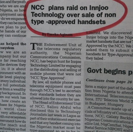 NCC plans raid on Innjoo Technology over sale of non-approved handsets