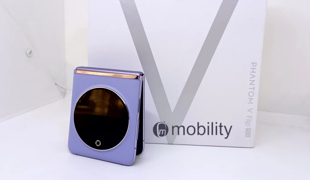 TECNO Phantom V Flip 5G review: phone beside the box 