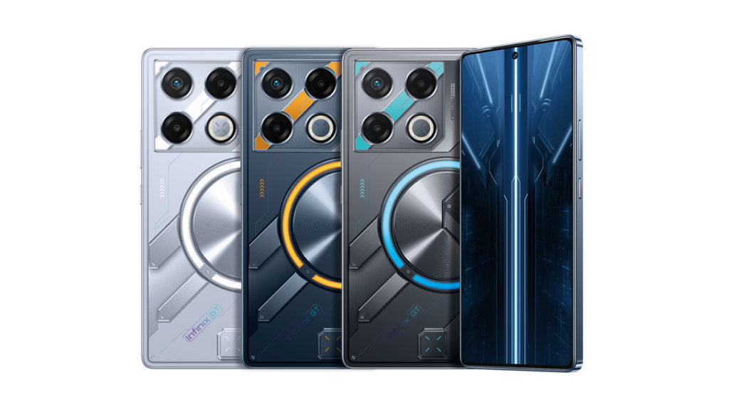 A row of four Infinix GT 20 Pro smartphones in various colors.