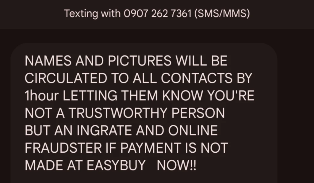 Screenshot of an abusive message sent by EasyBuy agents. 