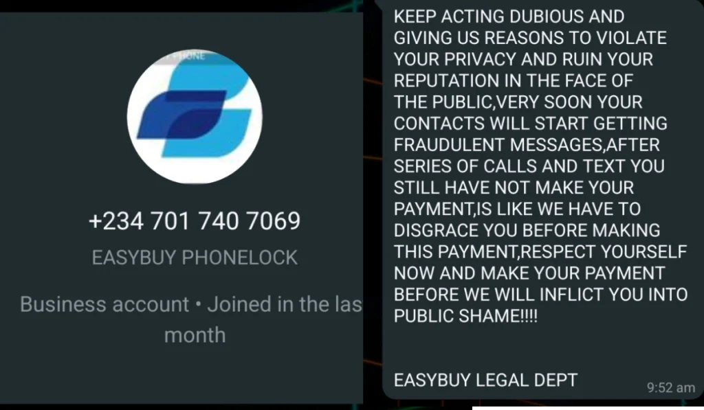 Screenshot of one of the threat messages that EasyBuy sent me. 